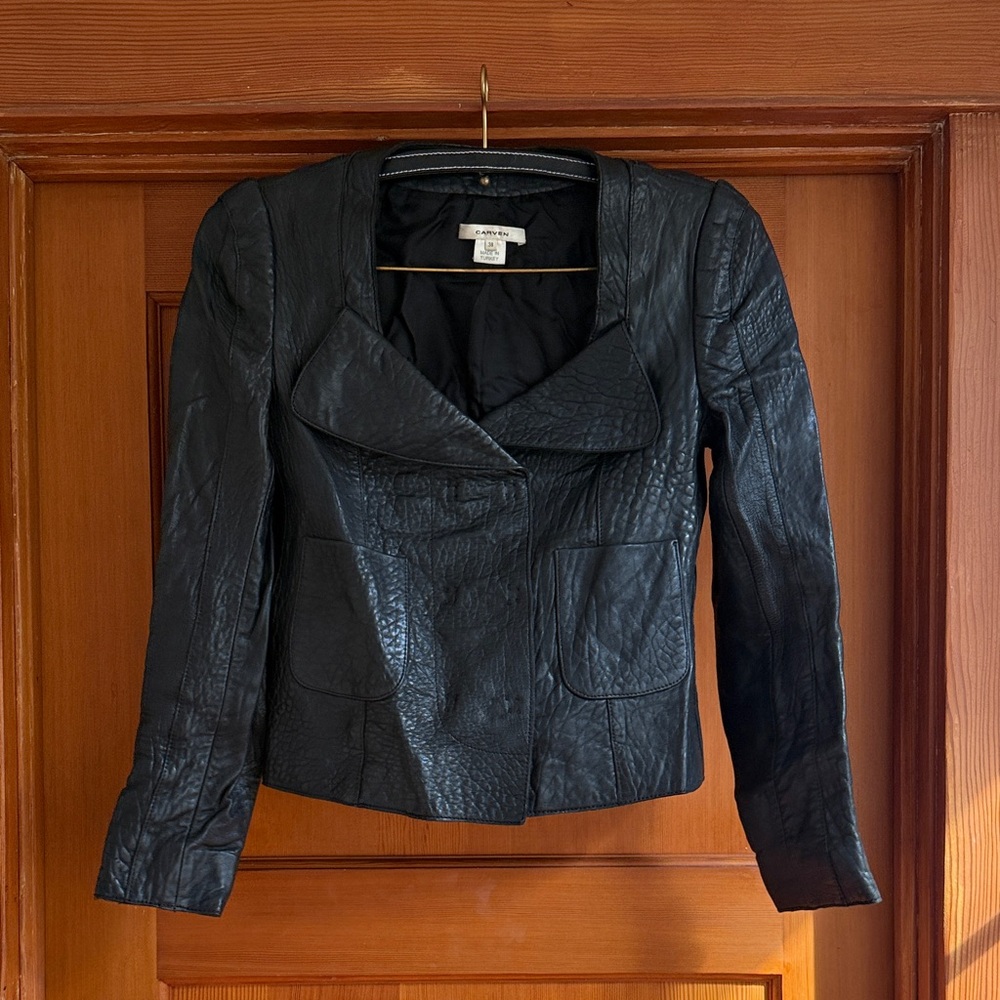 Carven Pebbled Black Leather Jacket